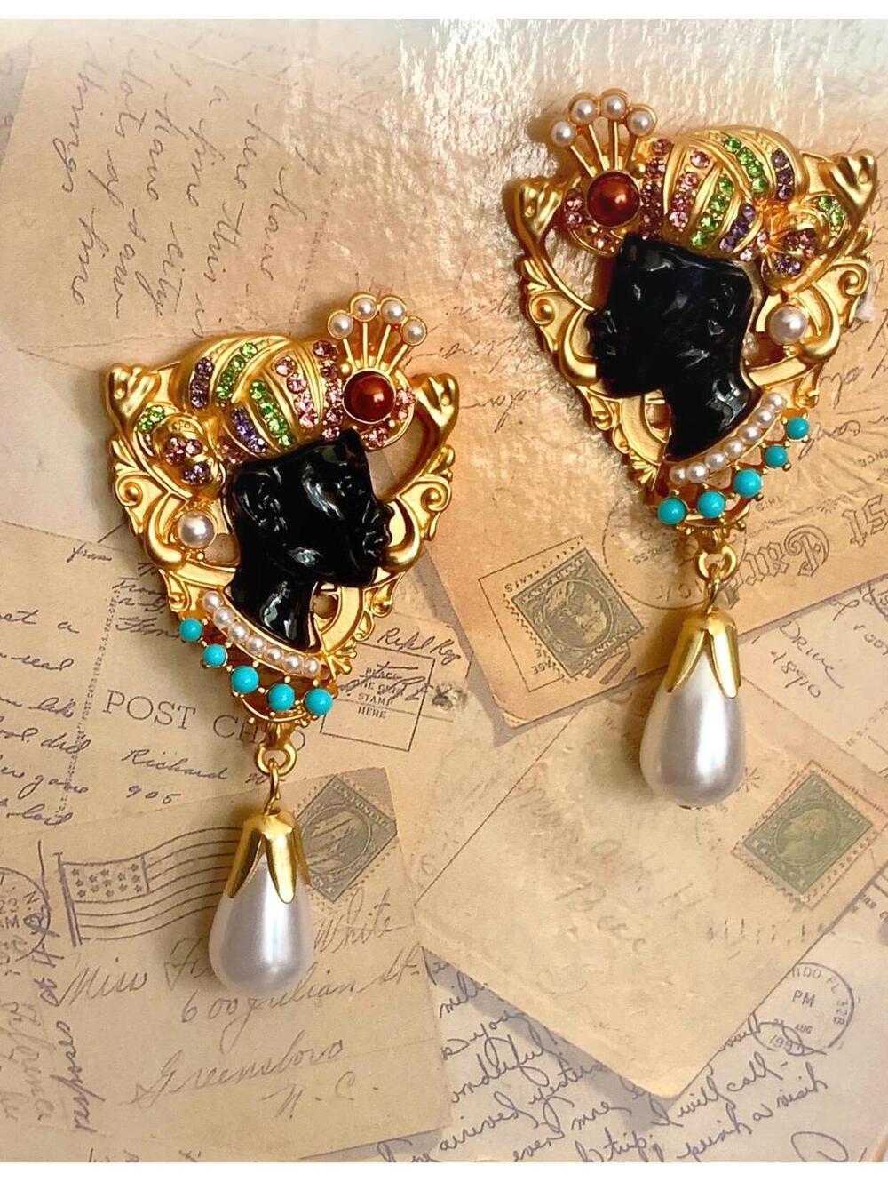 Regal Figural Queen Drop Earrings - Jeweled Headdress & Teardrop Pearl Statement - Picture 1 of 2